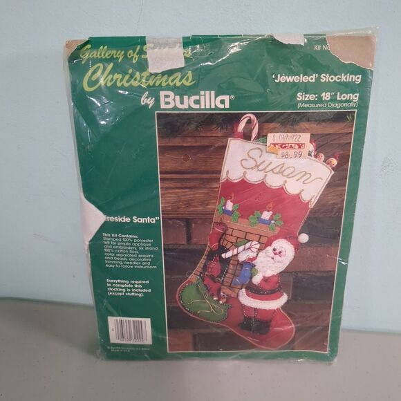 Bucilla Vintage Fireside Santa Felt Christmas Jeweled Stocking Kit 32224 New - Picture 1 of 2
